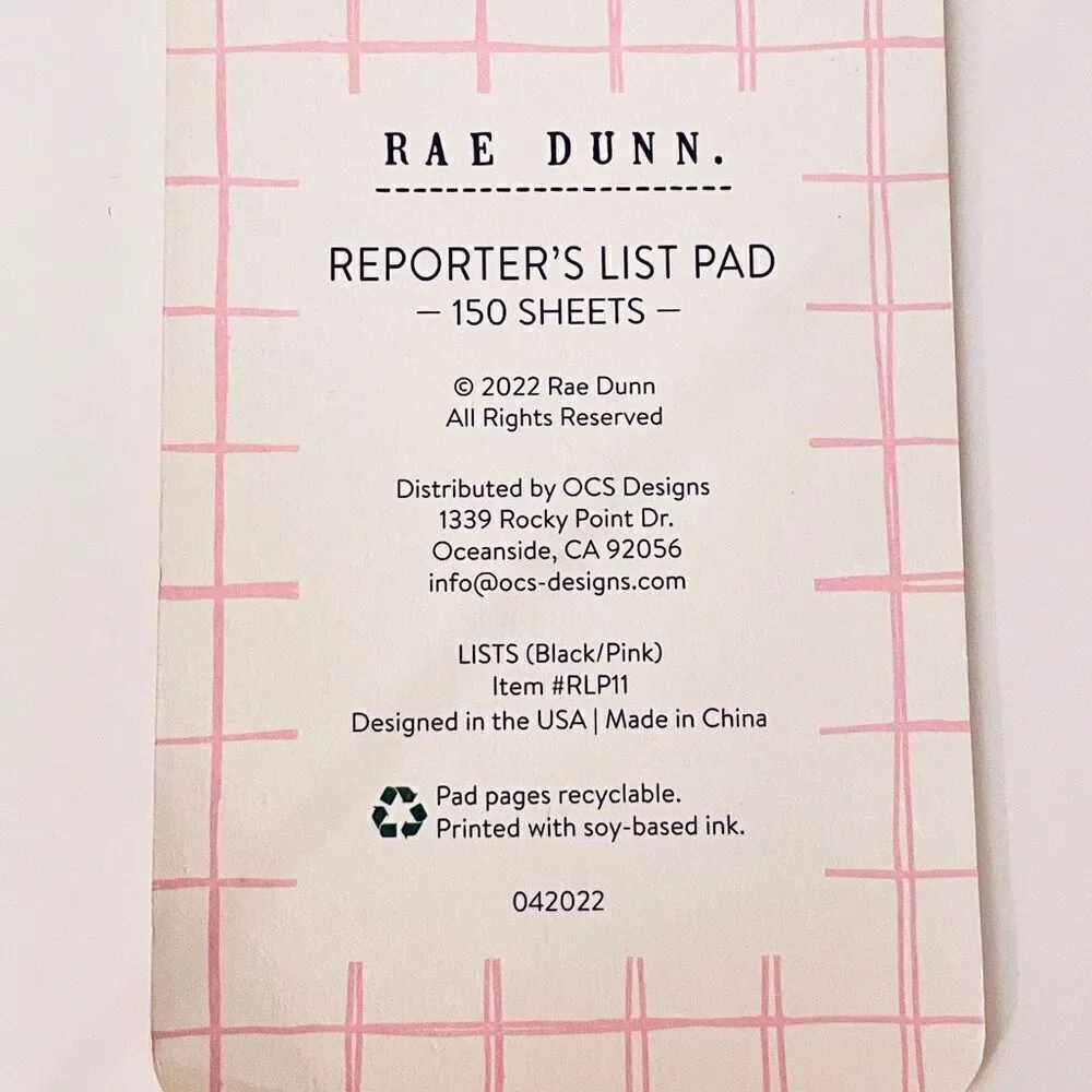 NWT Rae Dun Pink Groceries Reporter List 150 lined sheets Hardcover Notebook Pad